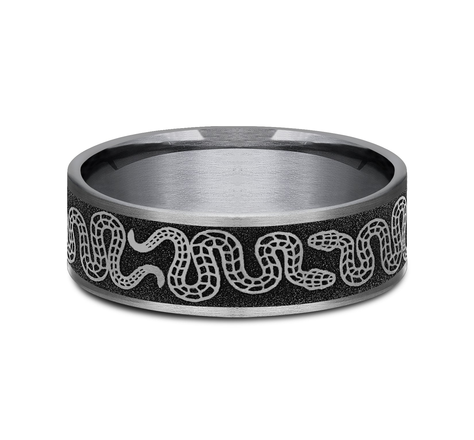 THE SIDEWINDER 7.5mm, Comfort fit, Grey Tantalum and Grey/Black Titanium, Snake pattern, thin edges
