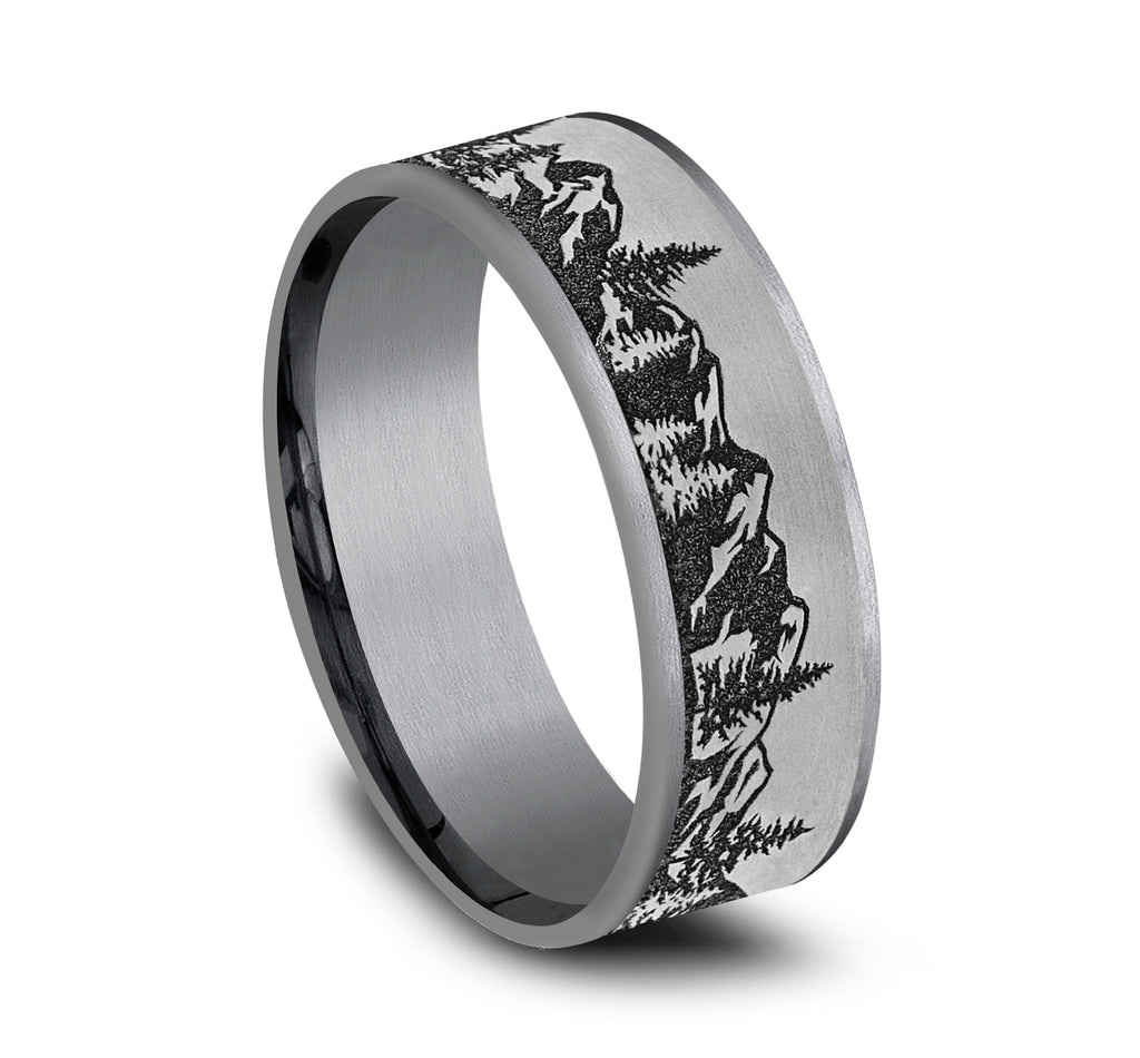 THE PEAK 7.5mm, Comfort fit, Grey Tantalum and Grey/Black Titanium, Mountain range pattern, thin edges