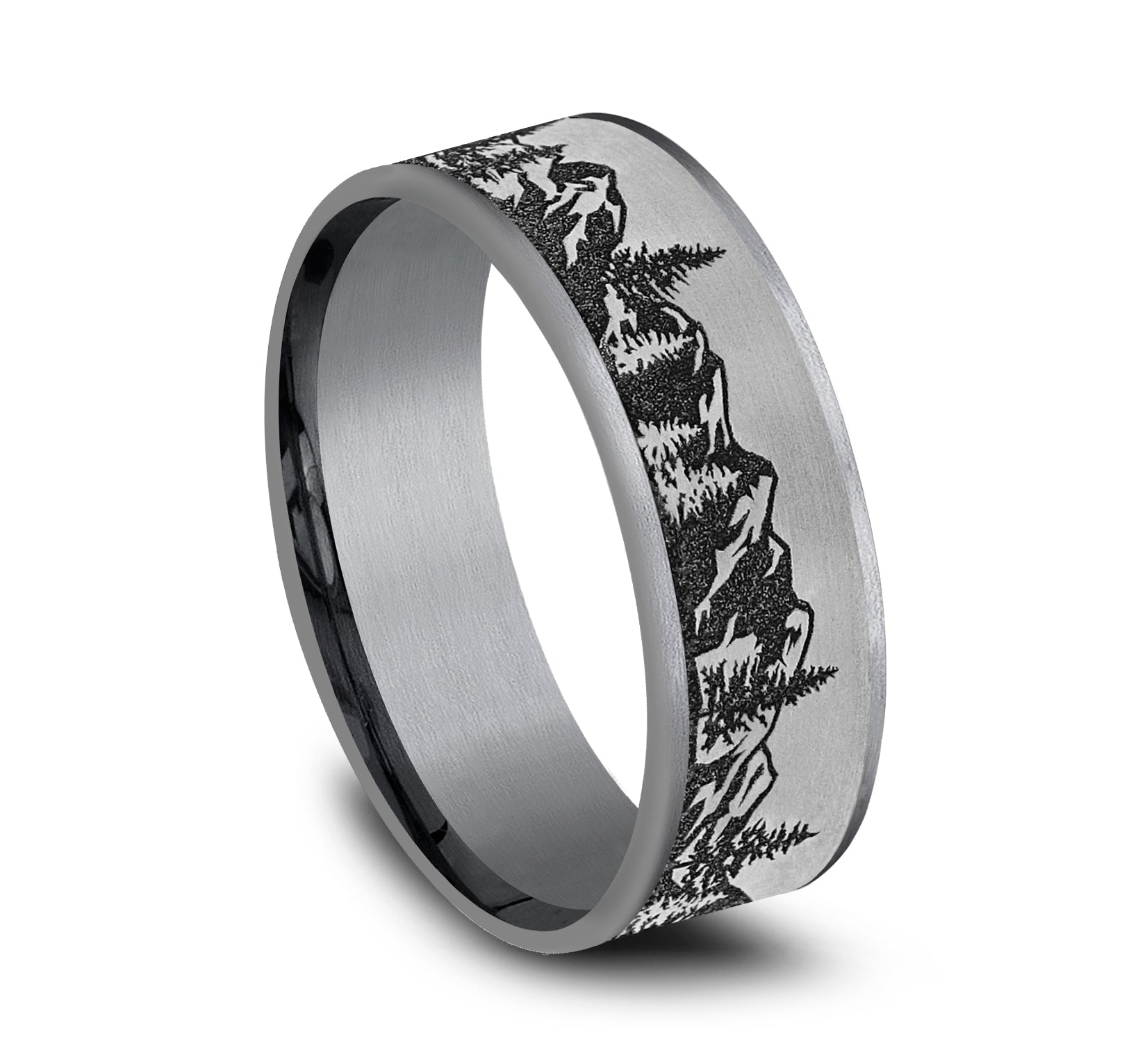 THE PEAK 7.5mm, Comfort fit, Grey Tantalum and Grey/Black Titanium, Mountain range pattern, thin edges