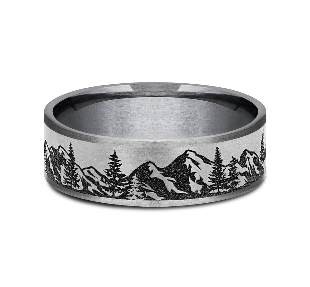 THE PEAK 7.5mm, Comfort fit, Grey Tantalum and Grey/Black Titanium, Mountain range pattern, thin edges