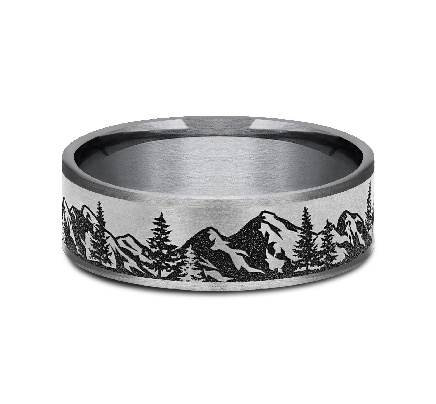 THE PEAK 7.5mm, Comfort fit, Grey Tantalum and Grey/Black Titanium, Mountain range pattern, thin edges