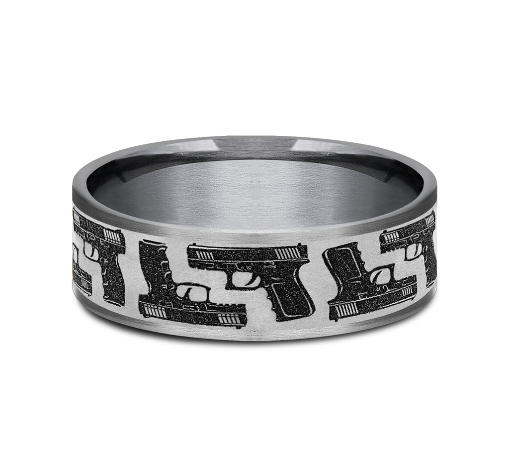 THE PISTOL 7.5mm, Comfort fit, Grey Tantalum and Grey/Black Titanium, Hand gun pattern, thin edges
