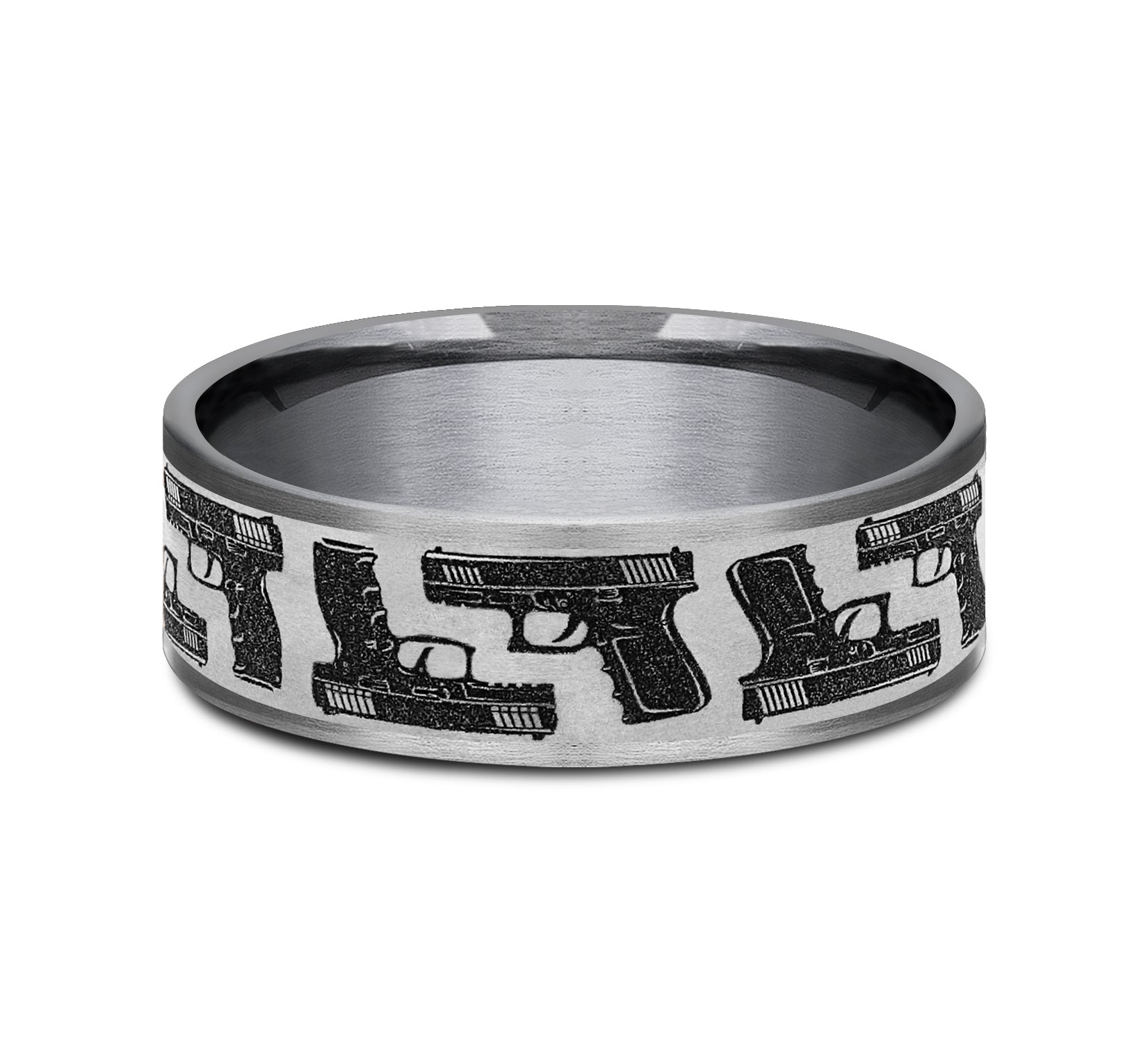 THE PISTOL 7.5mm, Comfort fit, Grey Tantalum and Grey/Black Titanium, Hand gun pattern, thin edges