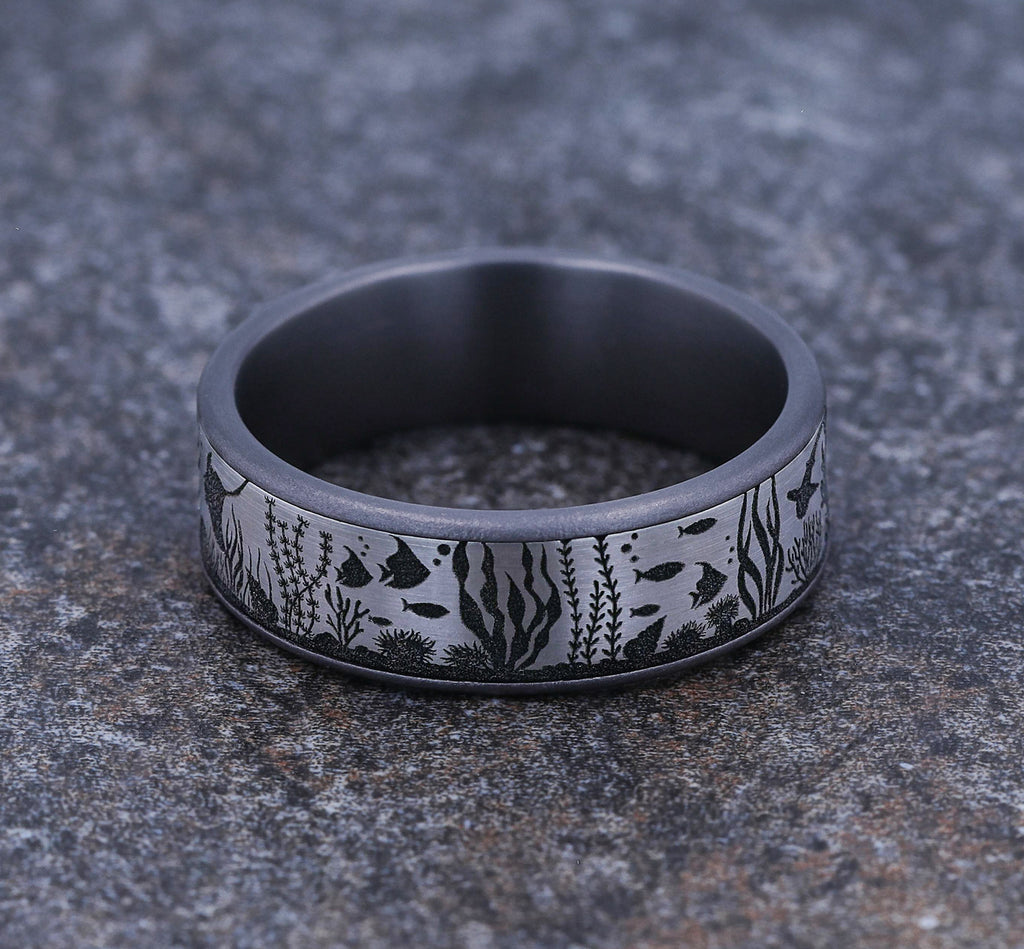 THE OCEAN 7.5mm, Comfort fit, Grey Tantalum and Grey/Black Titanium, Ocean life design, thin edges