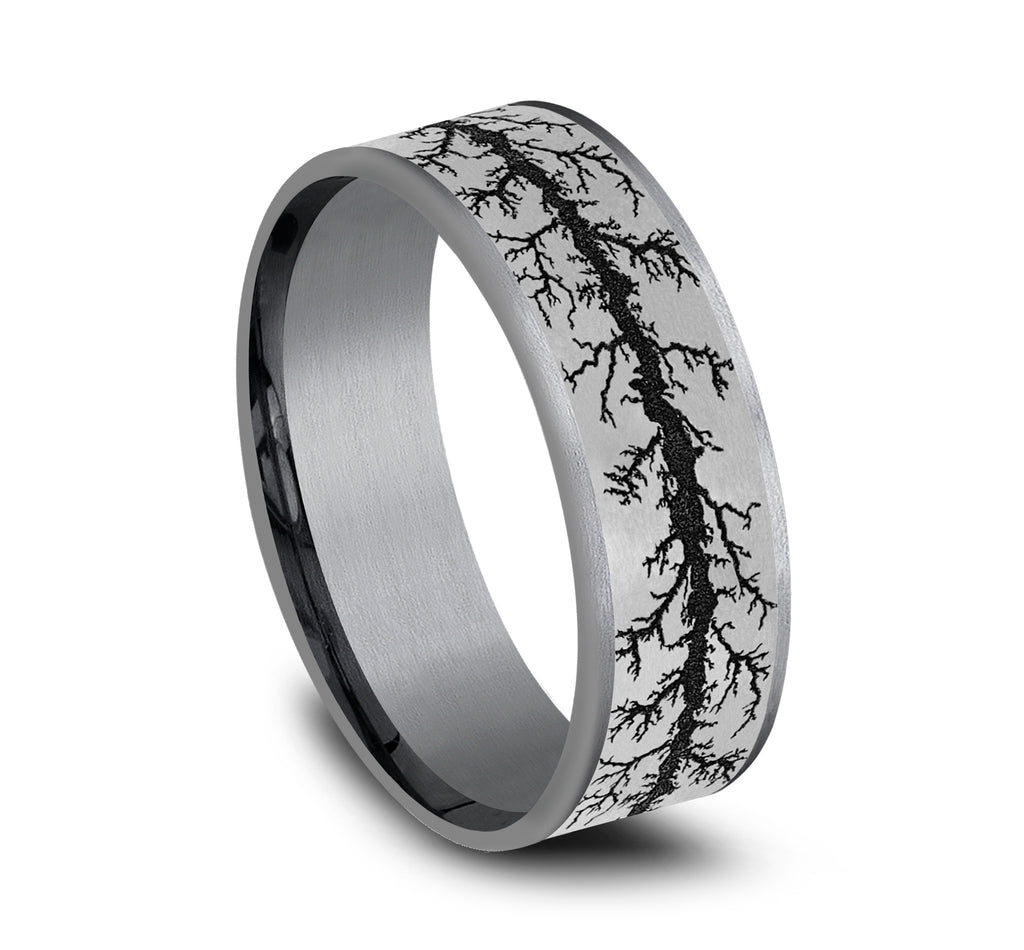 THE WOOD BURN 7.5mm, Comfort fit, Grey Tantalum and Grey/Black Titanium, Wood burn pattern, thin edges