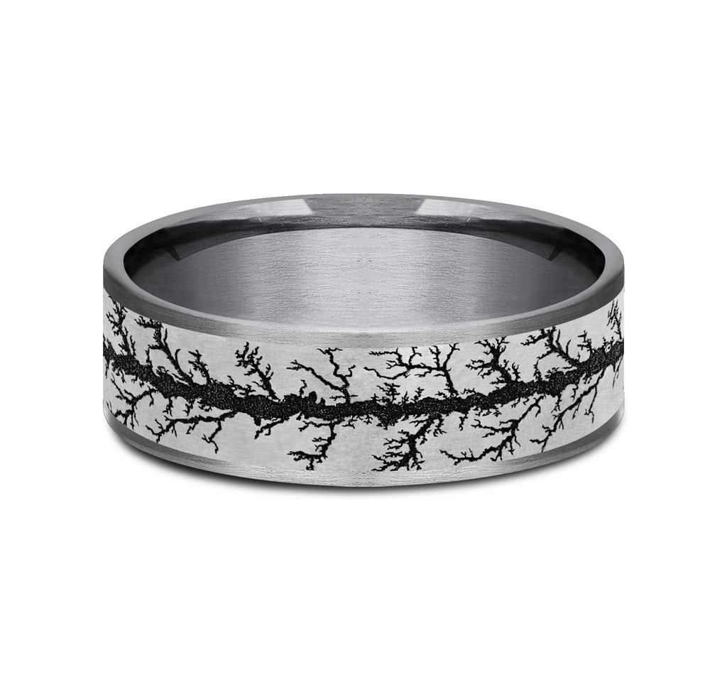 THE WOOD BURN 7.5mm, Comfort fit, Grey Tantalum and Grey/Black Titanium, Wood burn pattern, thin edges