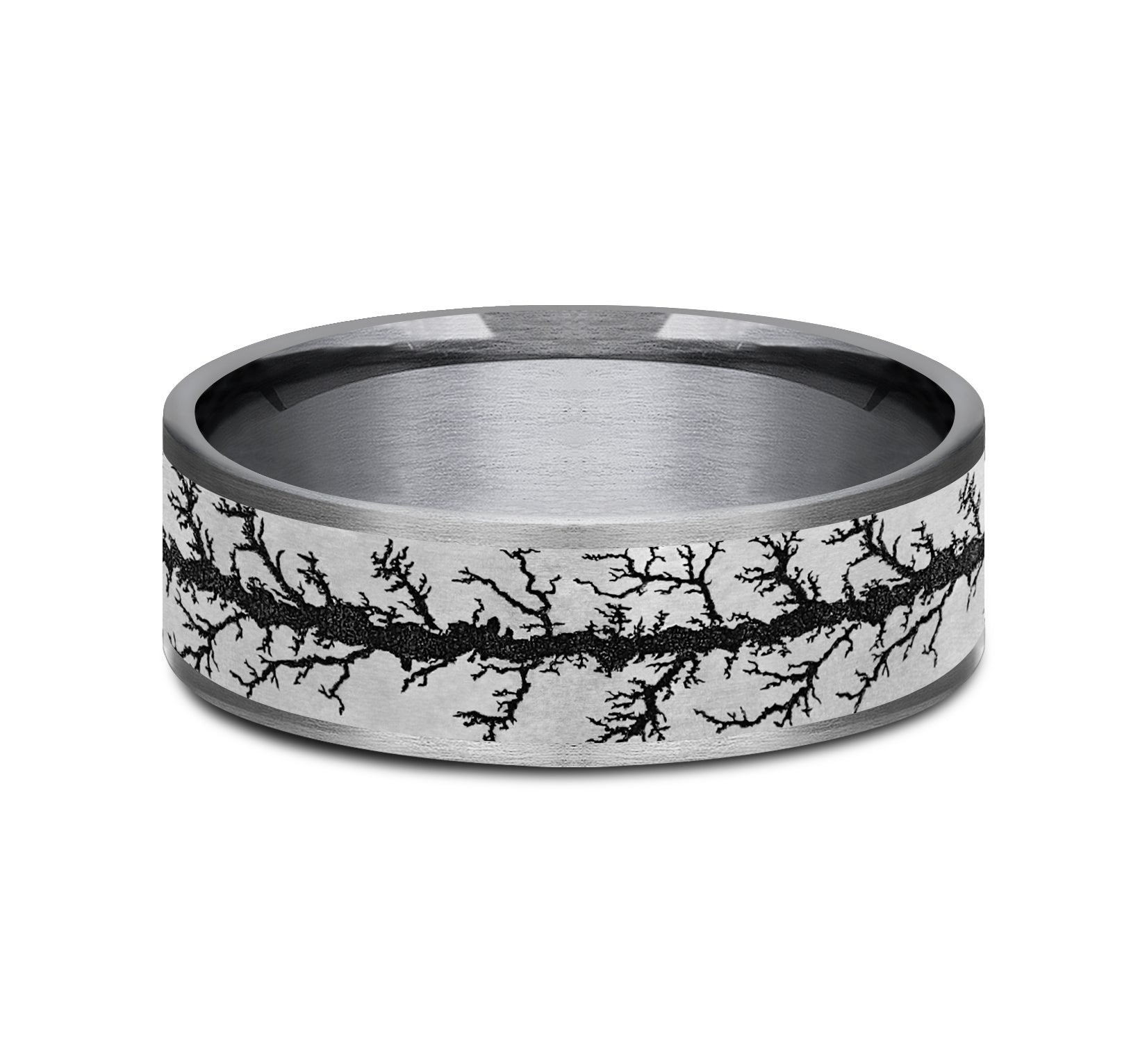THE WOOD BURN 7.5mm, Comfort fit, Grey Tantalum and Grey/Black Titanium, Wood burn pattern, thin edges