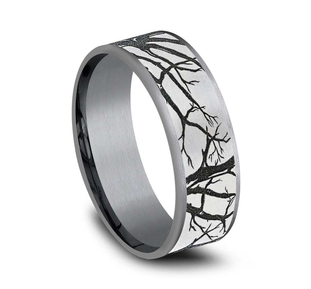 THE BRANCH 7.5mm, Comfort fit, Grey Tantalum and Grey/Black Titanium, Oak branch pattern, thin edges