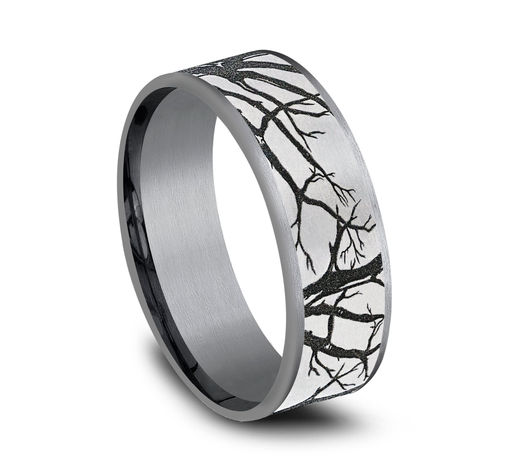 THE BRANCH 7.5mm, Comfort fit, Grey Tantalum and Grey/Black Titanium, Oak branch pattern, thin edges