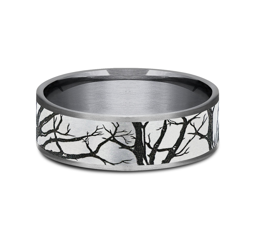 THE BRANCH 7.5mm, Comfort fit, Grey Tantalum and Grey/Black Titanium, Oak branch pattern, thin edges