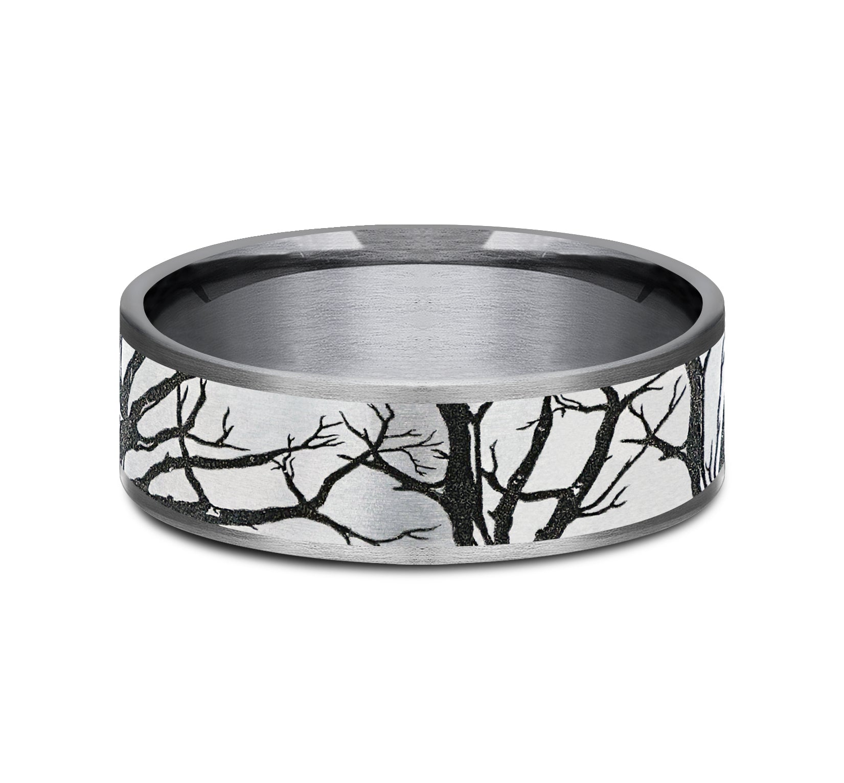 THE BRANCH 7.5mm, Comfort fit, Grey Tantalum and Grey/Black Titanium, Oak branch pattern, thin edges