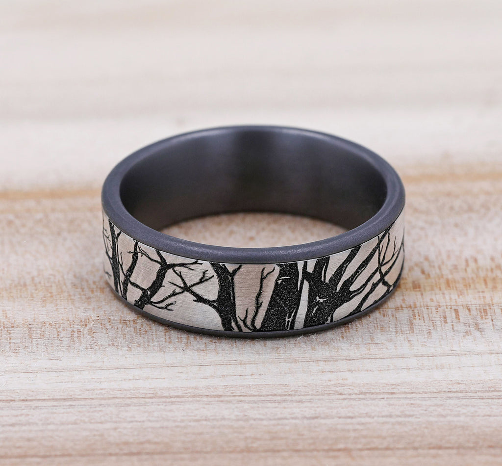 THE BRANCH 7.5mm, Comfort fit, Grey Tantalum and Grey/Black Titanium, Oak branch pattern, thin edges