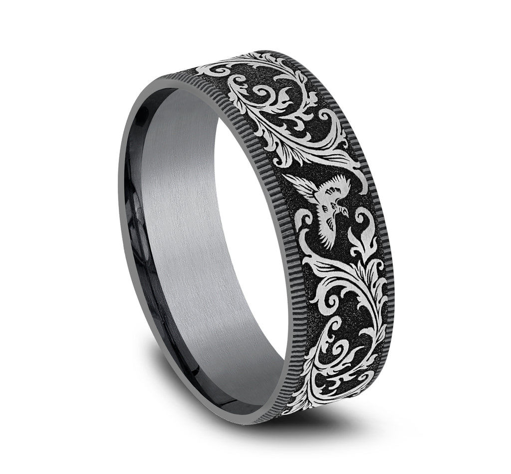 THE PHEASANT 7.5mm, Comfort fit, Grey Tantalum and Grey/Black Titanium, Pheasant scroll design, thin edges