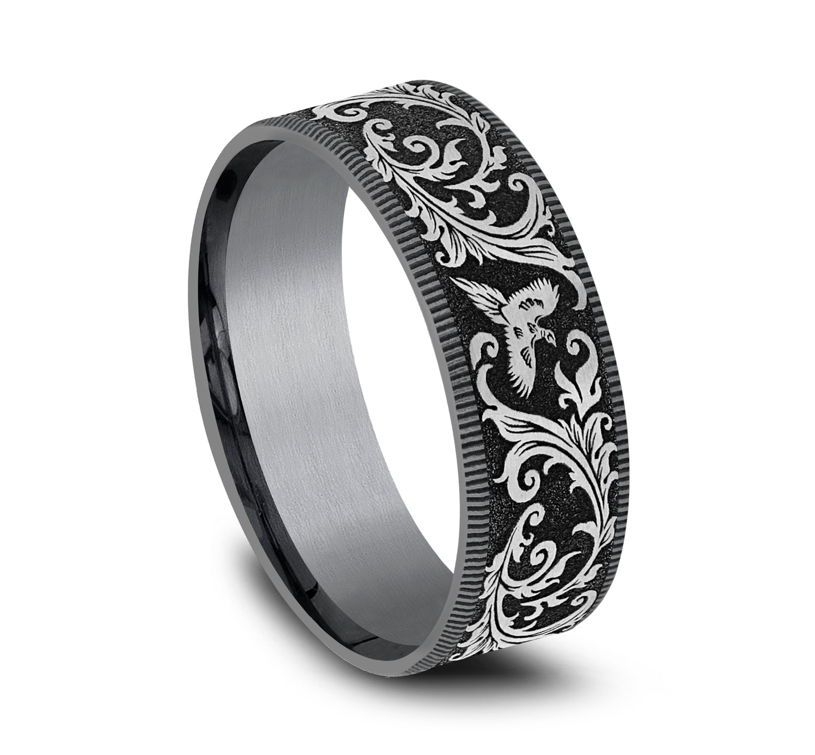 THE PHEASANT 7.5mm, Comfort fit, Grey Tantalum and Grey/Black Titanium, Pheasant scroll design, thin edges