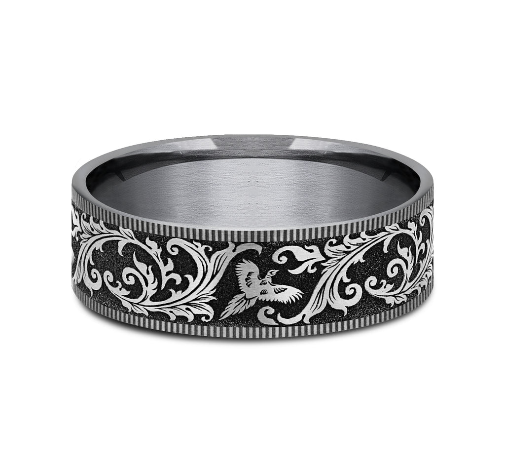 THE PHEASANT 7.5mm, Comfort fit, Grey Tantalum and Grey/Black Titanium, Pheasant scroll design, thin edges