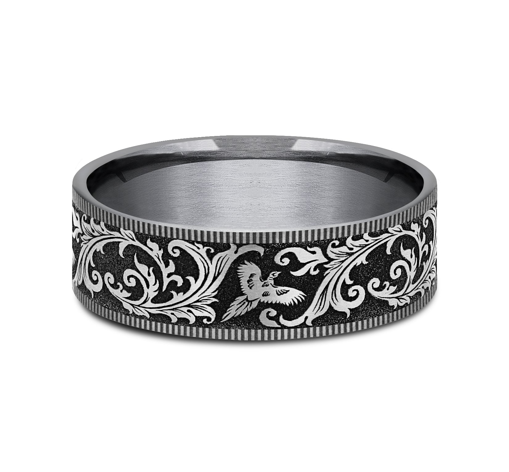 THE PHEASANT 7.5mm, Comfort fit, Grey Tantalum and Grey/Black Titanium, Pheasant scroll design, thin edges