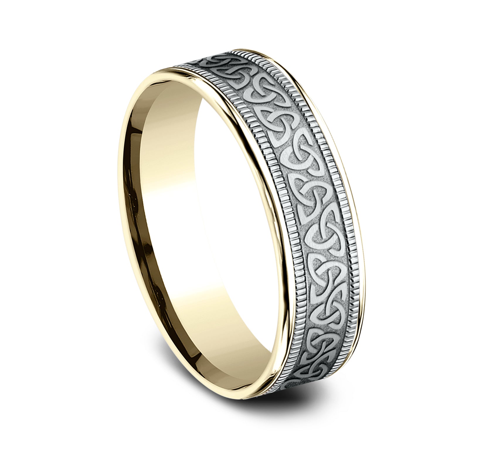 THE KILLARNEY 6.5mm, Comfort fit, 14K Yellow and White Gold, Celtic knot pattern with milgrain detail, thin edges