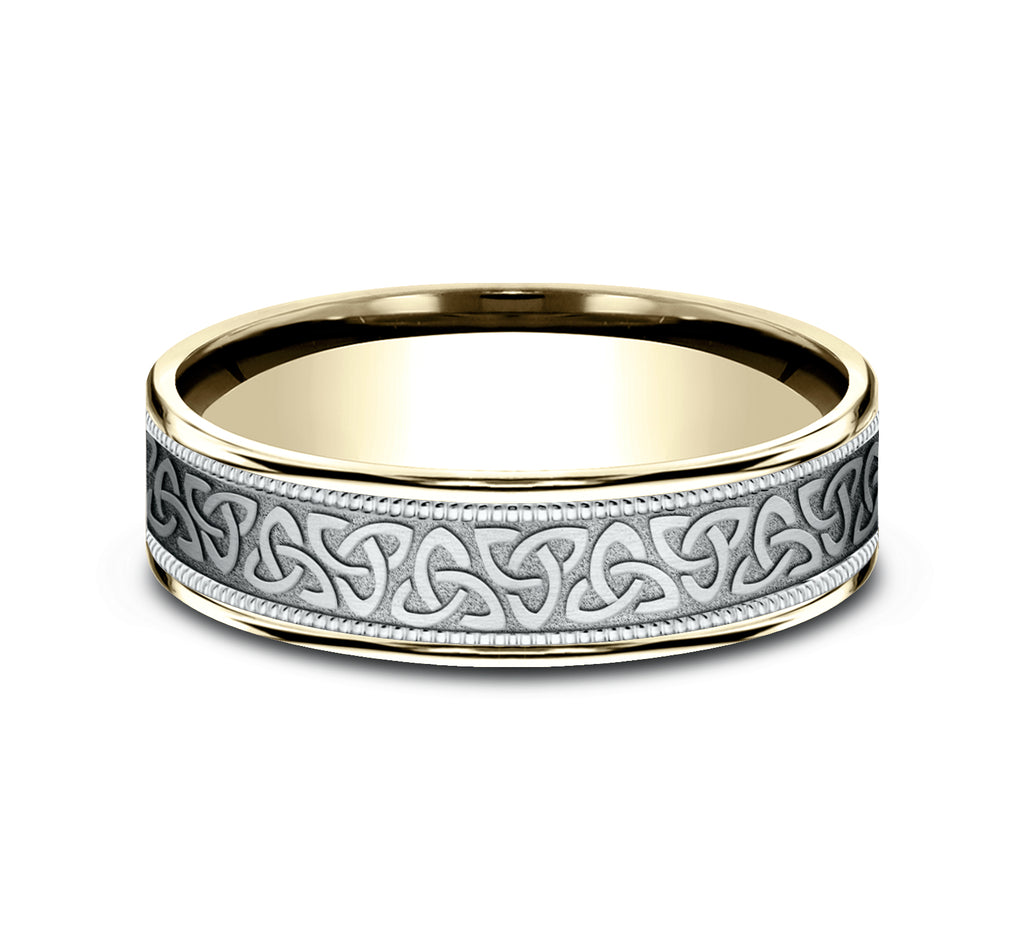 THE KILLARNEY 6.5mm, Comfort fit, 14K Yellow and White Gold, Celtic knot pattern with milgrain detail, thin edges