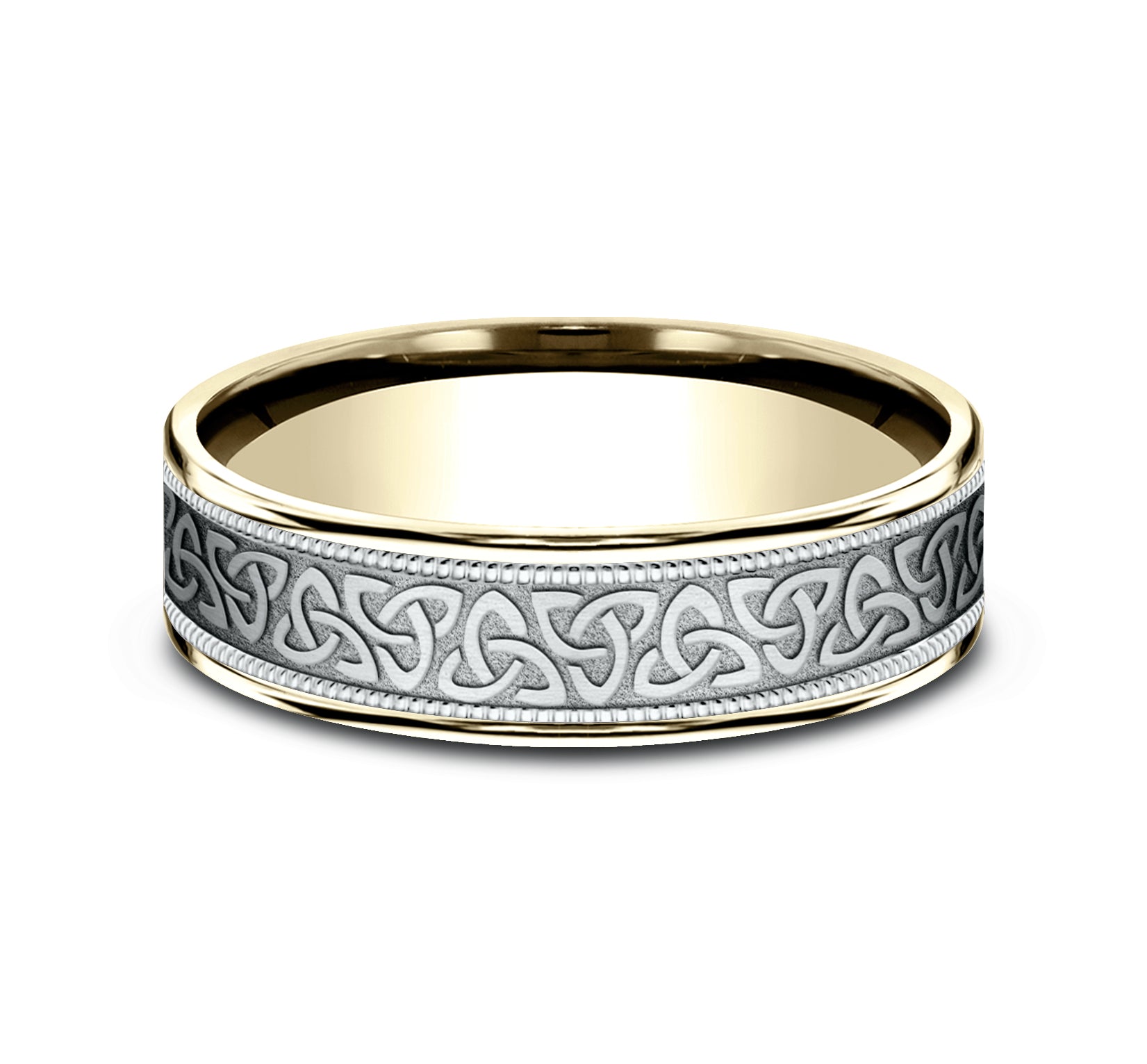 THE KILLARNEY 6.5mm, Comfort fit, 14K Yellow and White Gold, Celtic knot pattern with milgrain detail, thin edges