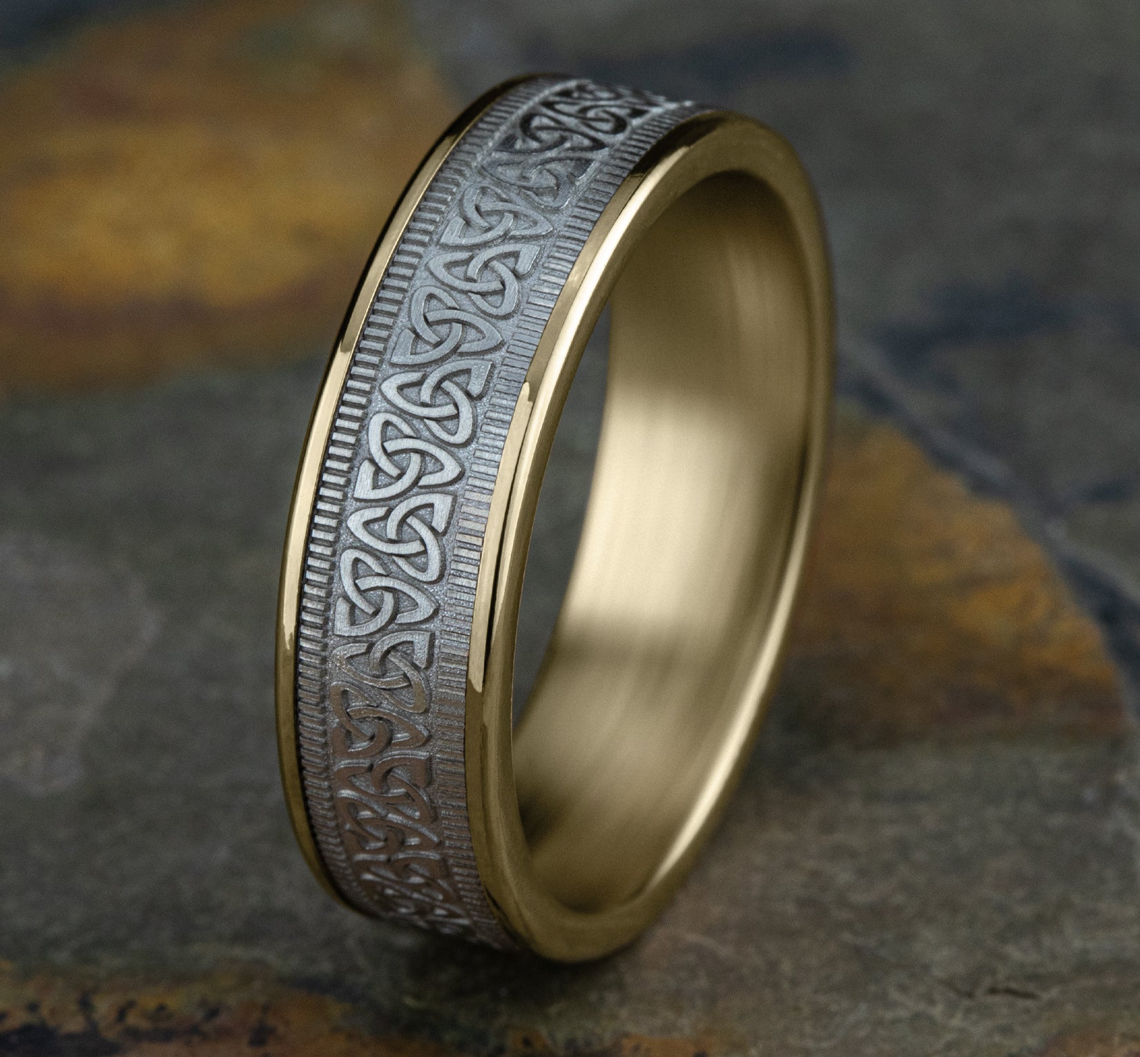 THE KILLARNEY 6.5mm, Comfort fit, 14K Yellow and White Gold, Celtic knot pattern with milgrain detail, thin edges