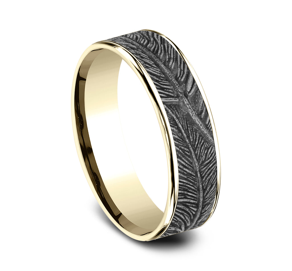 THE FALCON 6.5mm, Comfort fit, 14K Yellow and White Gold, Feather pattern, thin edges