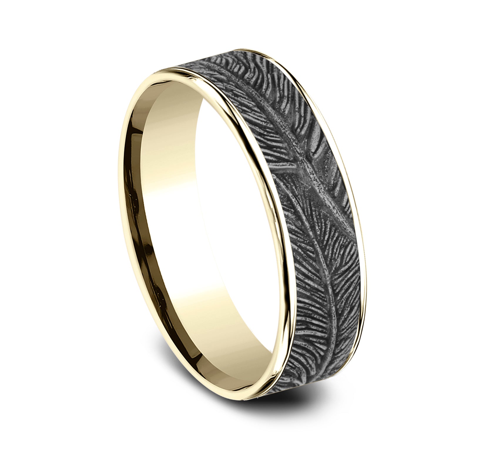 THE FALCON 6.5mm, Comfort fit, 14K Yellow and White Gold, Feather pattern, thin edges