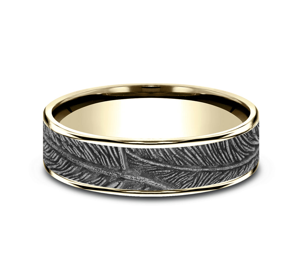 THE FALCON 6.5mm, Comfort fit, 14K Yellow and White Gold, Feather pattern, thin edges