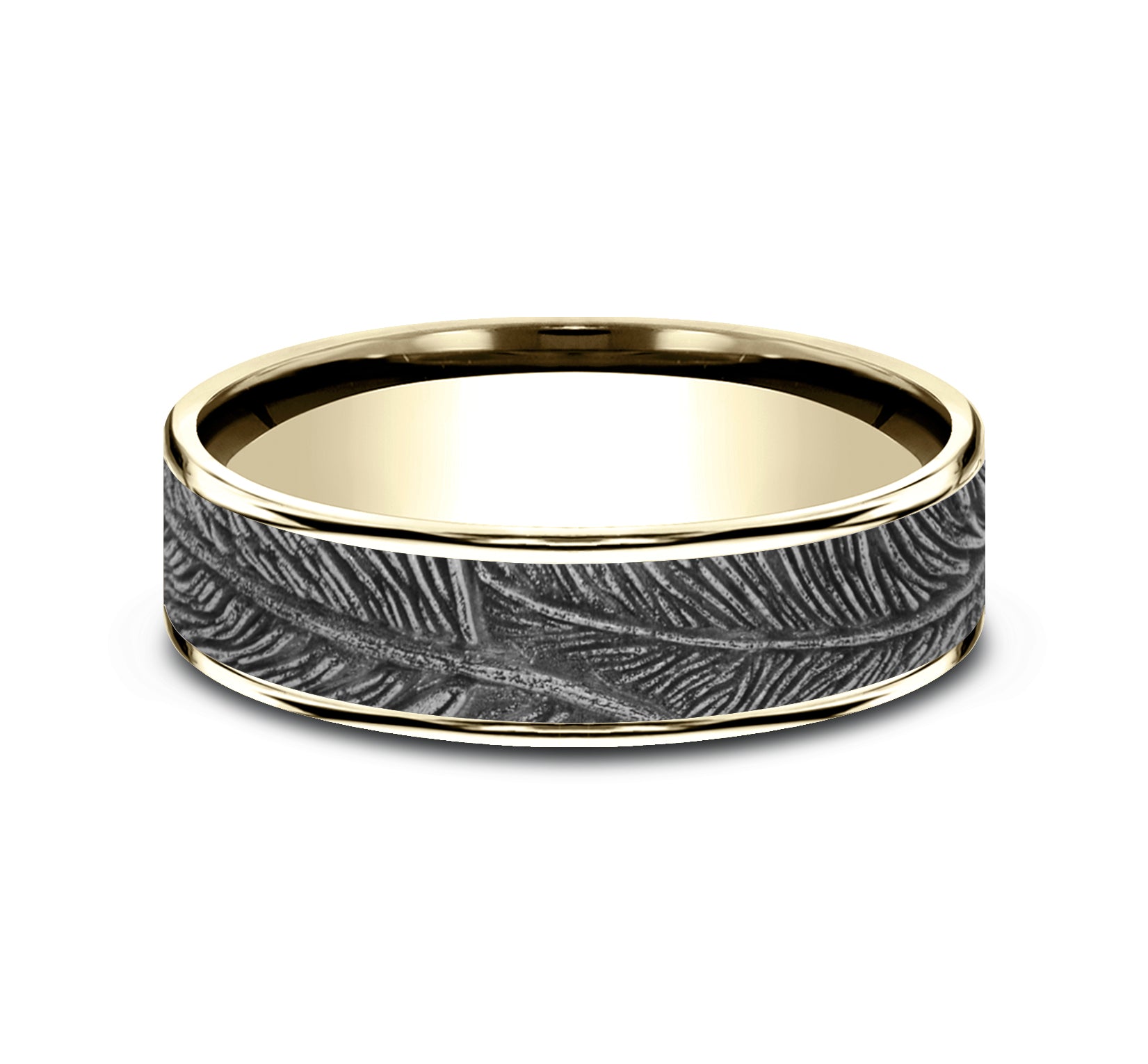 THE FALCON 6.5mm, Comfort fit, 14K Yellow and White Gold, Feather pattern, thin edges