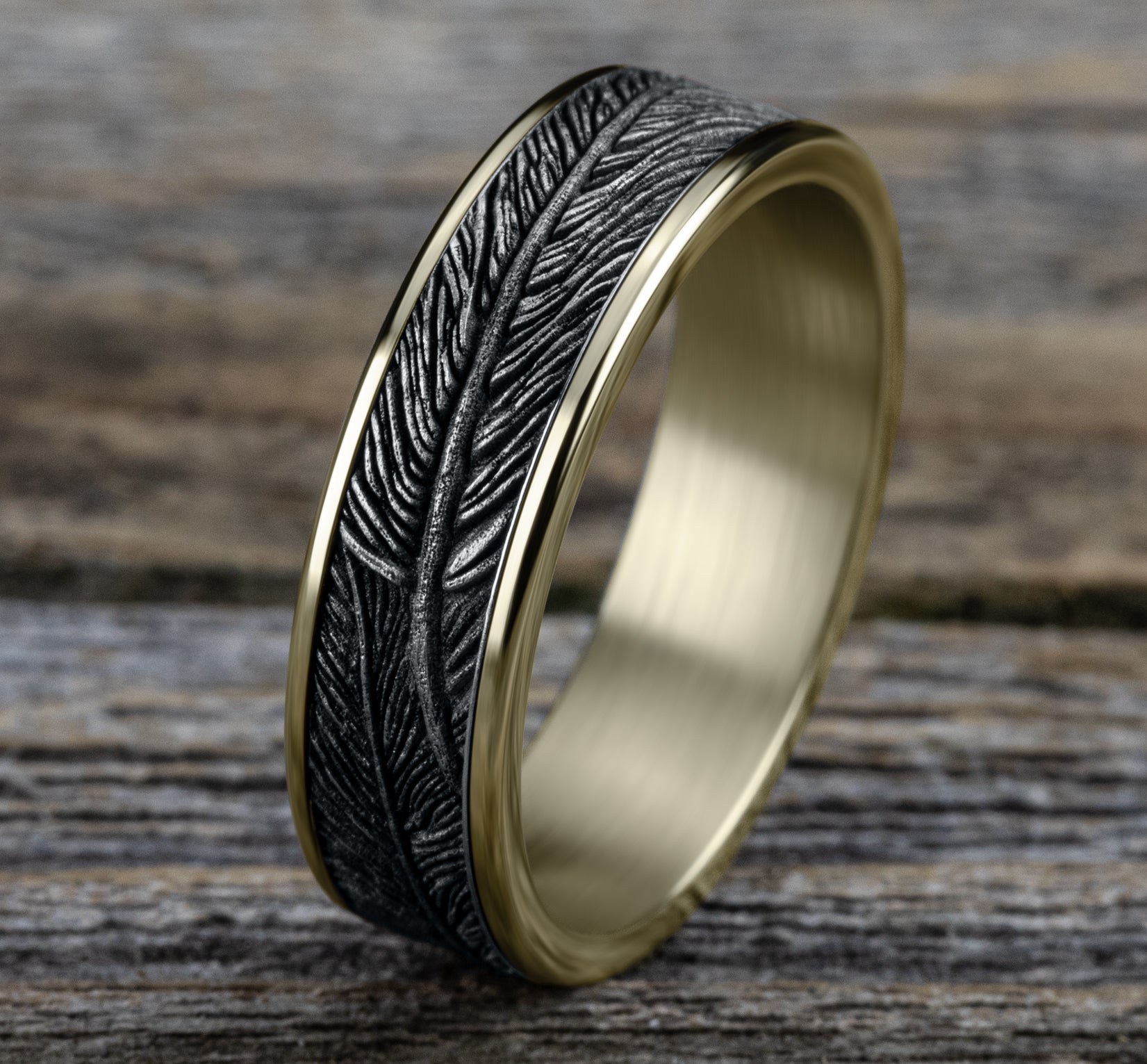 THE FALCON 6.5mm, Comfort fit, 14K Yellow and White Gold, Feather pattern, thin edges