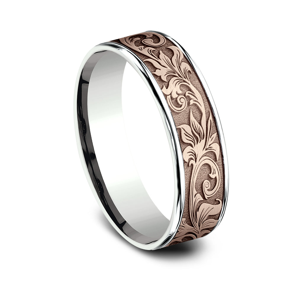 THE PRINCE 6.5mm, Comfort fit, 14K White and Rose Gold, Vintage script pattern, thin edges