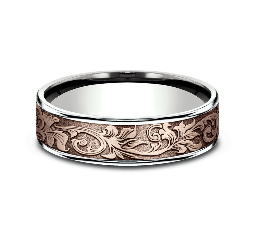 THE PRINCE 6.5mm, Comfort fit, 14K White and Rose Gold, Vintage script pattern, thin edges