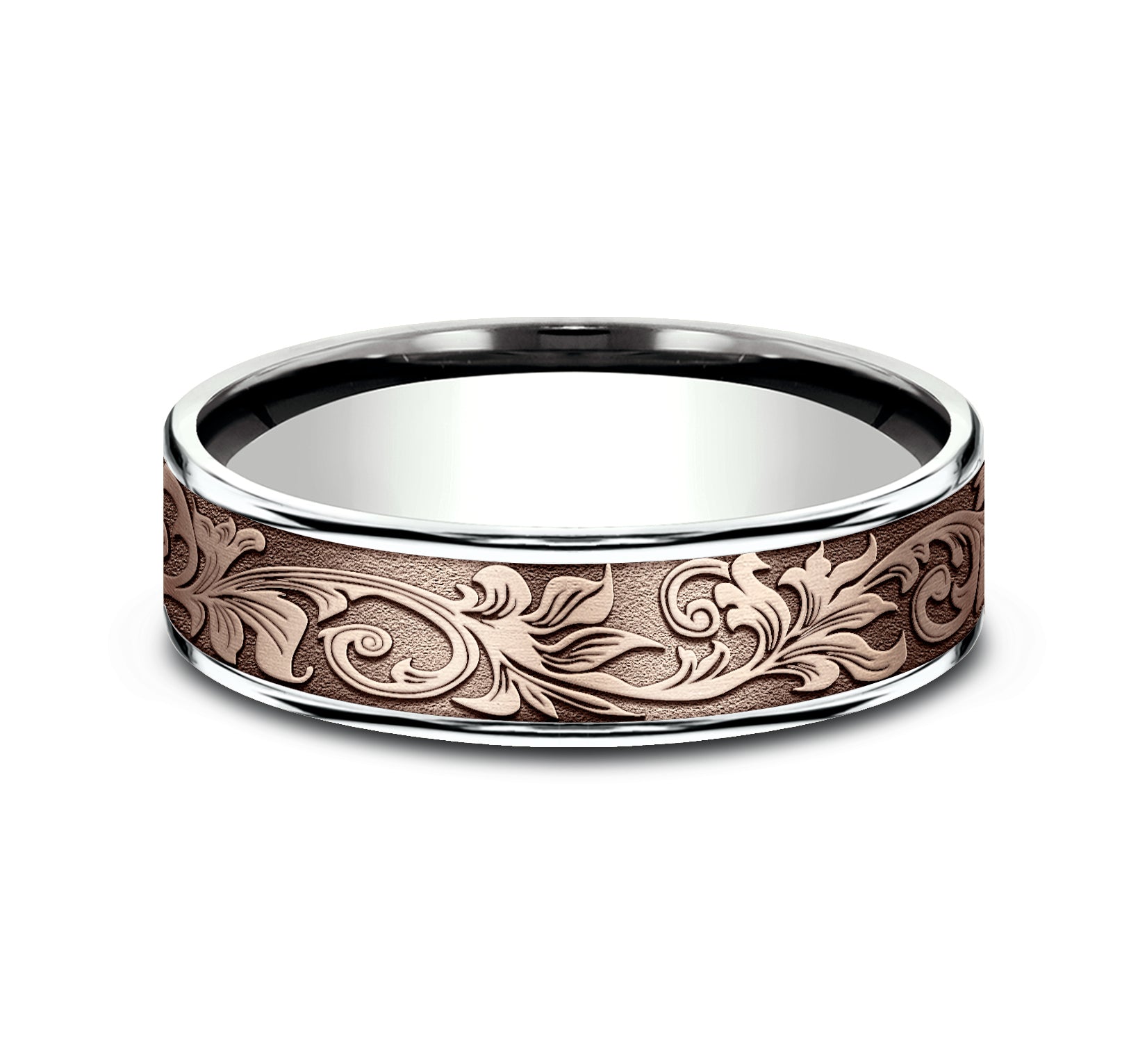 THE PRINCE 6.5mm, Comfort fit, 14K White and Rose Gold, Vintage script pattern, thin edges