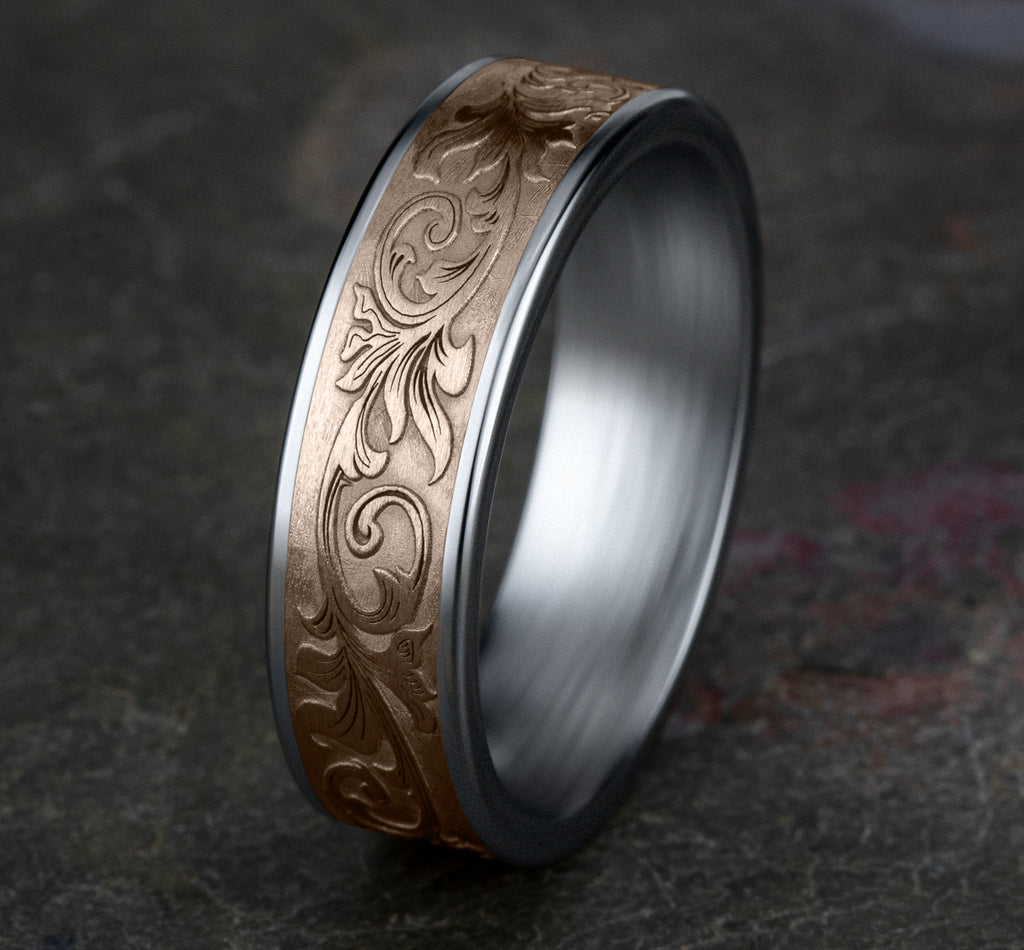 THE PRINCE 6.5mm, Comfort fit, 14K White and Rose Gold, Vintage script pattern, thin edges