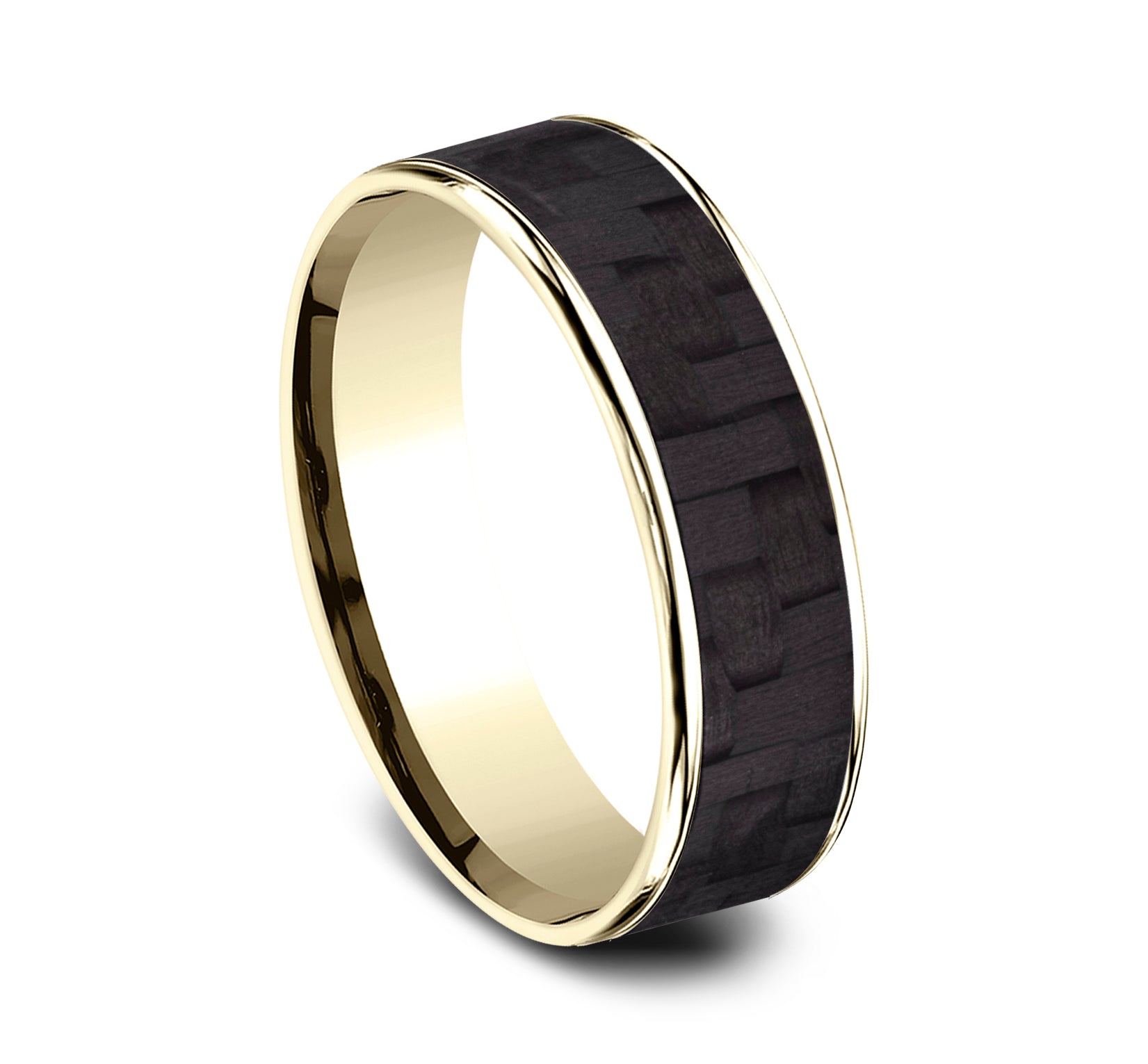 THE SCHUMACHER 6.5mm, Comfort fit, 14K Yellow Gold and Black Carbon Fiber, Twilled Carbon Fiber center, polished thin edges
