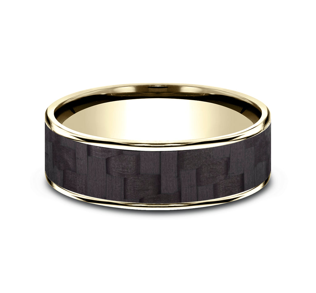 THE SCHUMACHER 6.5mm, Comfort fit, 14K Yellow Gold and Black Carbon Fiber, Twilled Carbon Fiber center, polished thin edges