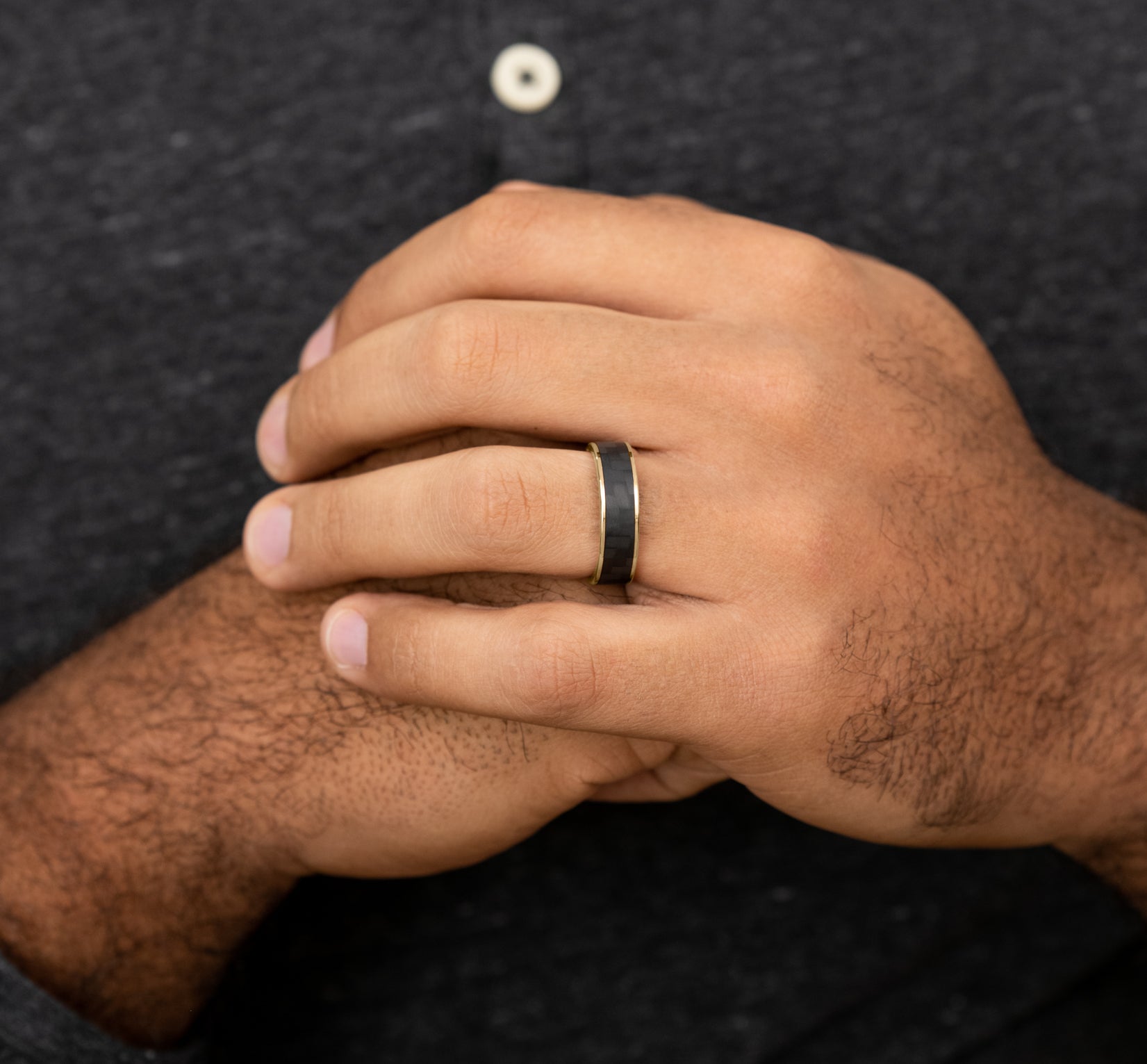 THE SCHUMACHER 6.5mm, Comfort fit, 14K Yellow Gold and Black Carbon Fiber, Twilled Carbon Fiber center, polished thin edges