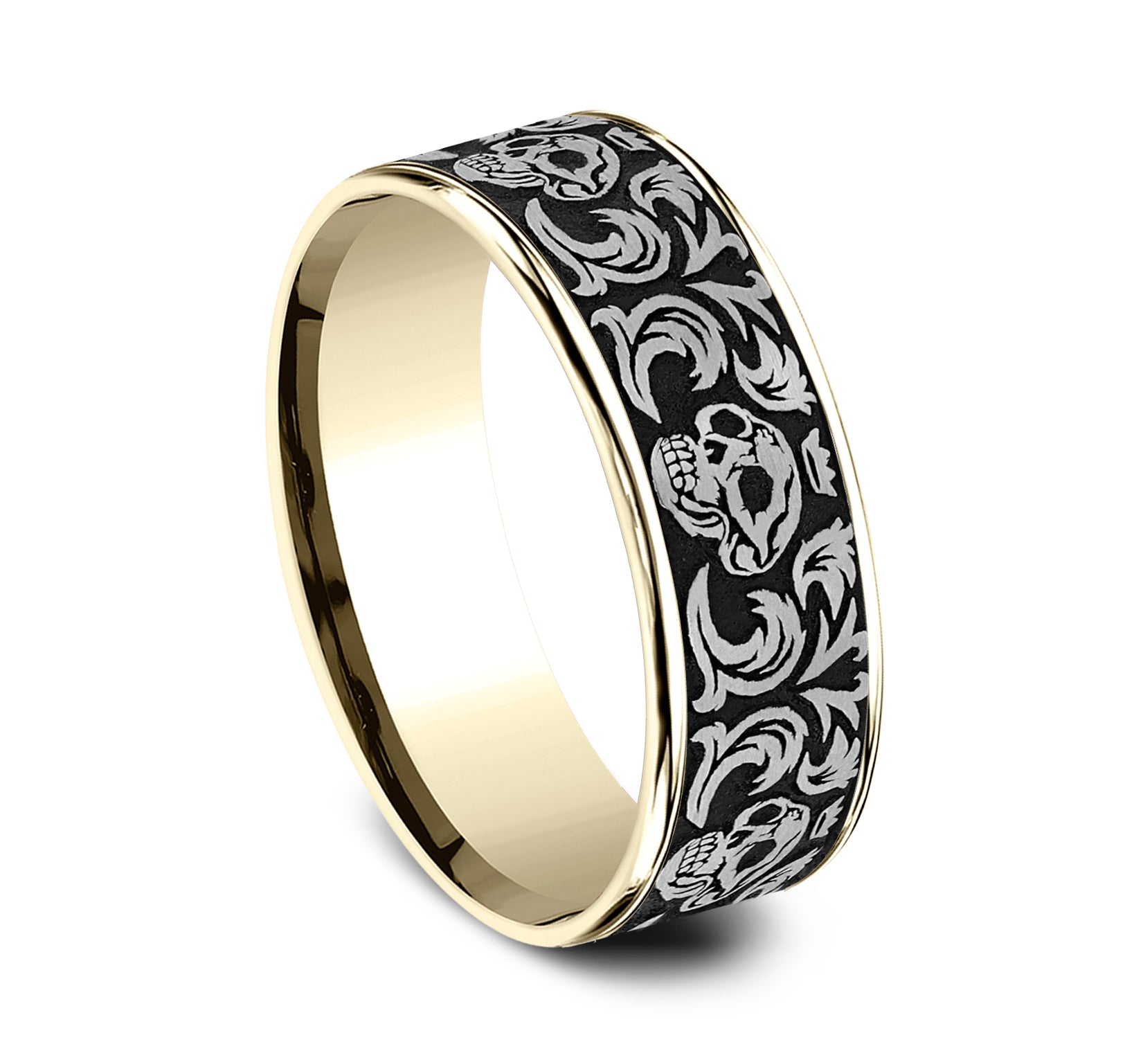 THE SKULL KING 7.5mm, Comfort fit, 14K Yellow Gold and Grey/Black Titanium, Skull king pattern, thin edges