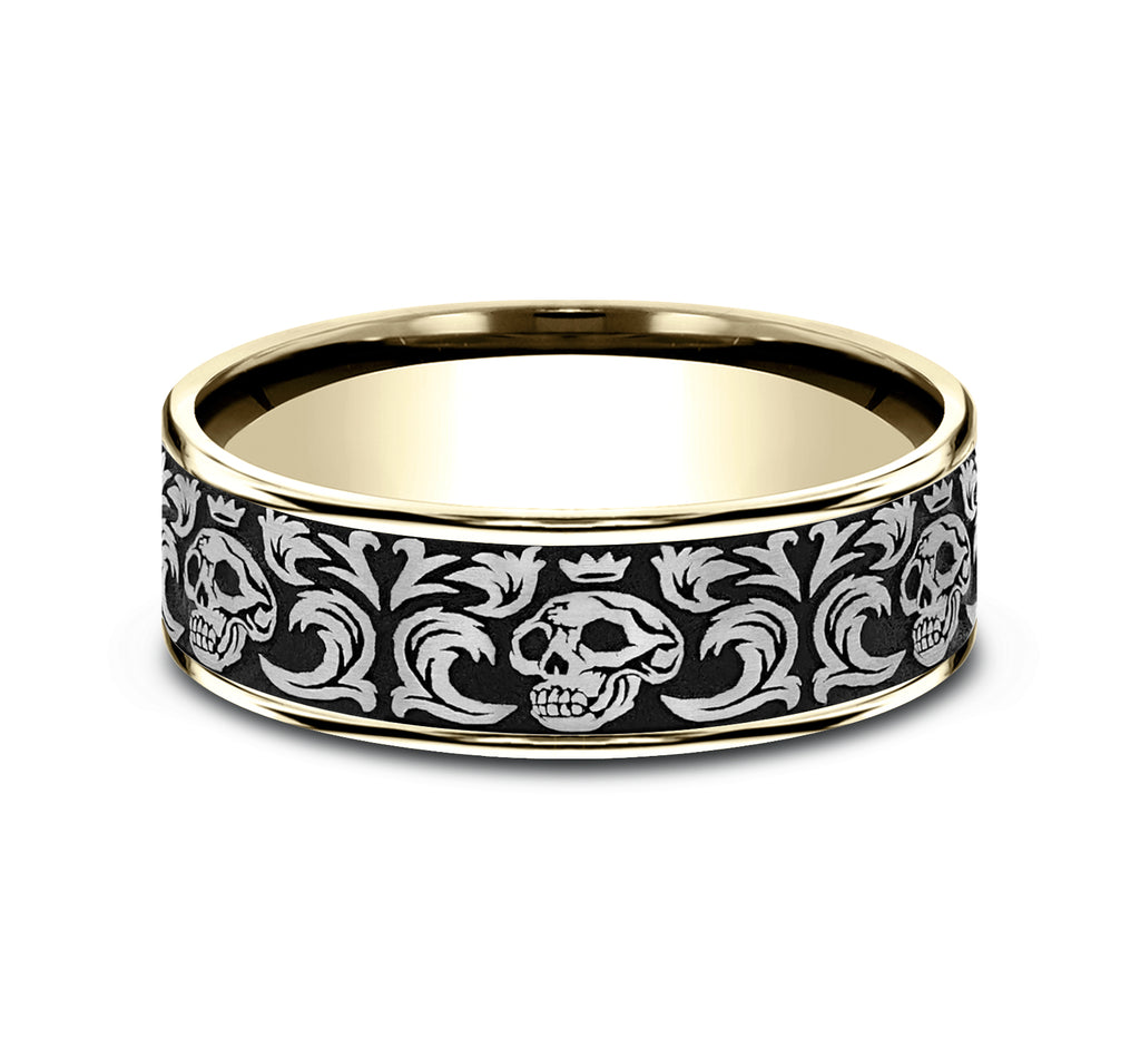 THE SKULL KING 7.5mm, Comfort fit, 14K Yellow Gold and Grey/Black Titanium, Skull king pattern, thin edges