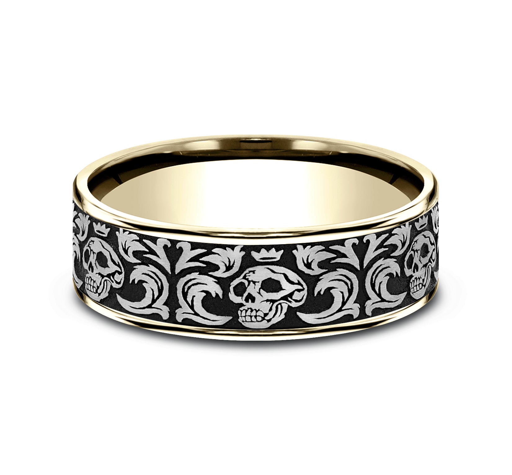 THE SKULL KING 7.5mm, Comfort fit, 14K Yellow Gold and Grey/Black Titanium, Skull king pattern, thin edges