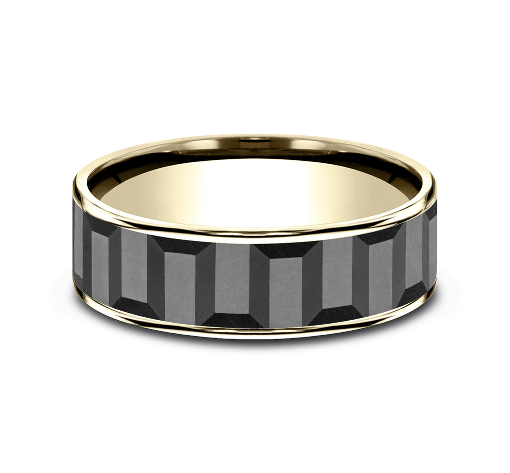 THE SPROCKET 7.5mm, Comfort fit, 14K Yellow Gold and Grey Tantalum, Sprocket gear pattern, thin edges