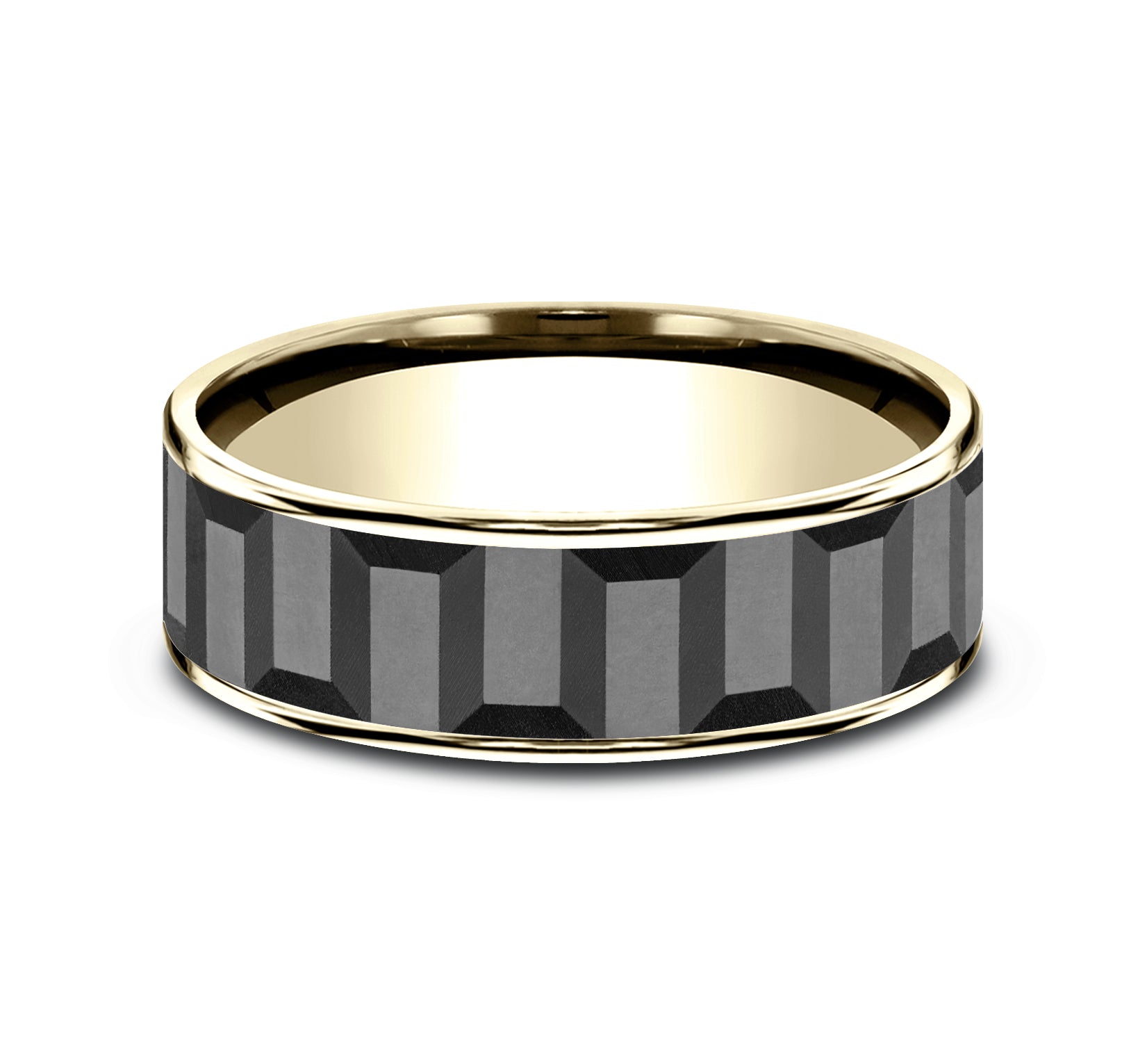 THE SPROCKET 7.5mm, Comfort fit, 14K Yellow Gold and Grey Tantalum, Sprocket gear pattern, thin edges