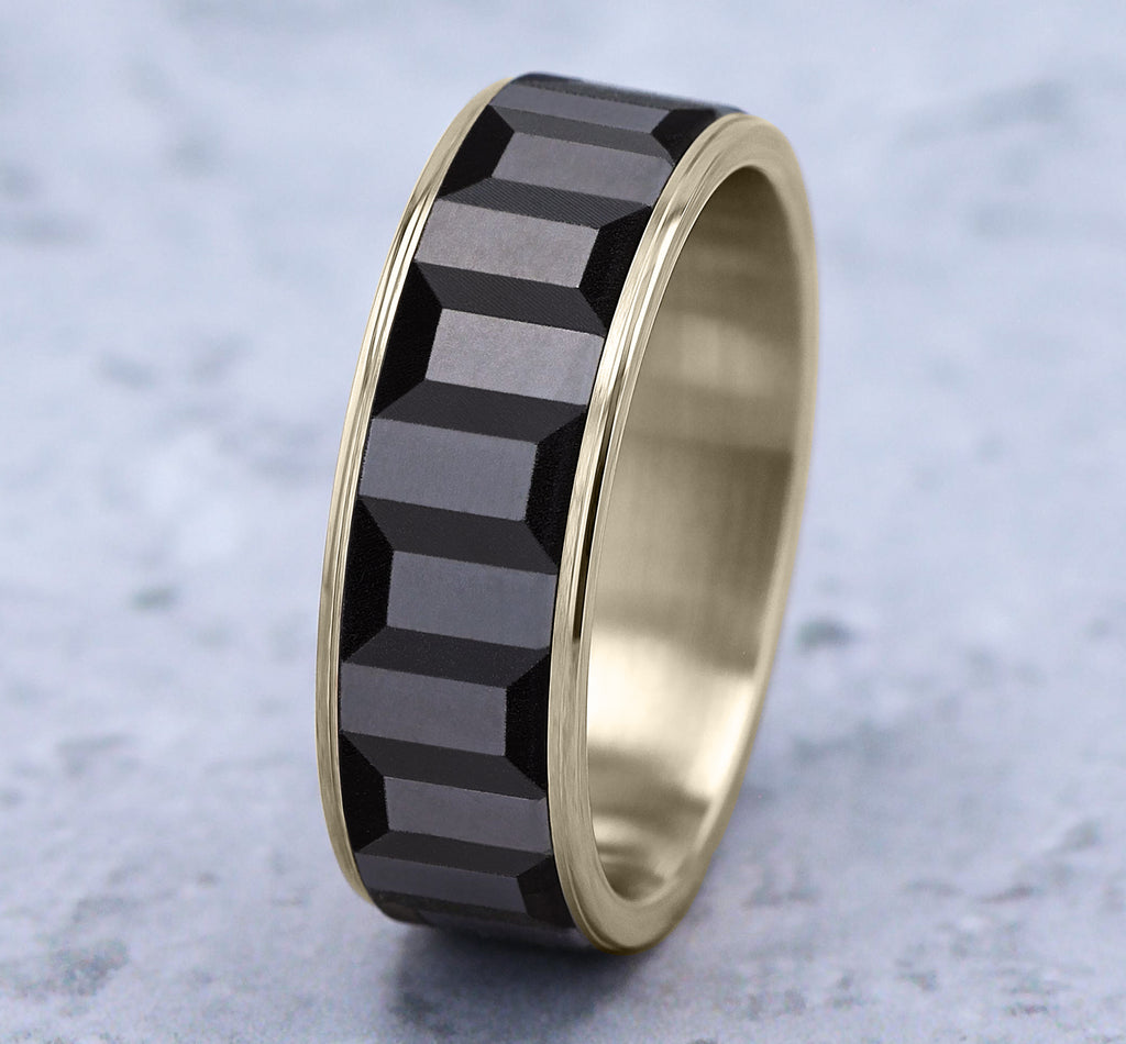 THE SPROCKET 7.5mm, Comfort fit, 14K Yellow Gold and Grey Tantalum, Sprocket gear pattern, thin edges