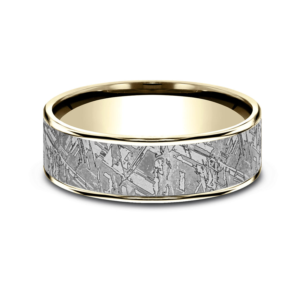 THE GIBEON 7.5mm, Comfort fit, 14K Yellow Gold and Grey Tantalum, Meteorite patterned center, thin polished edges