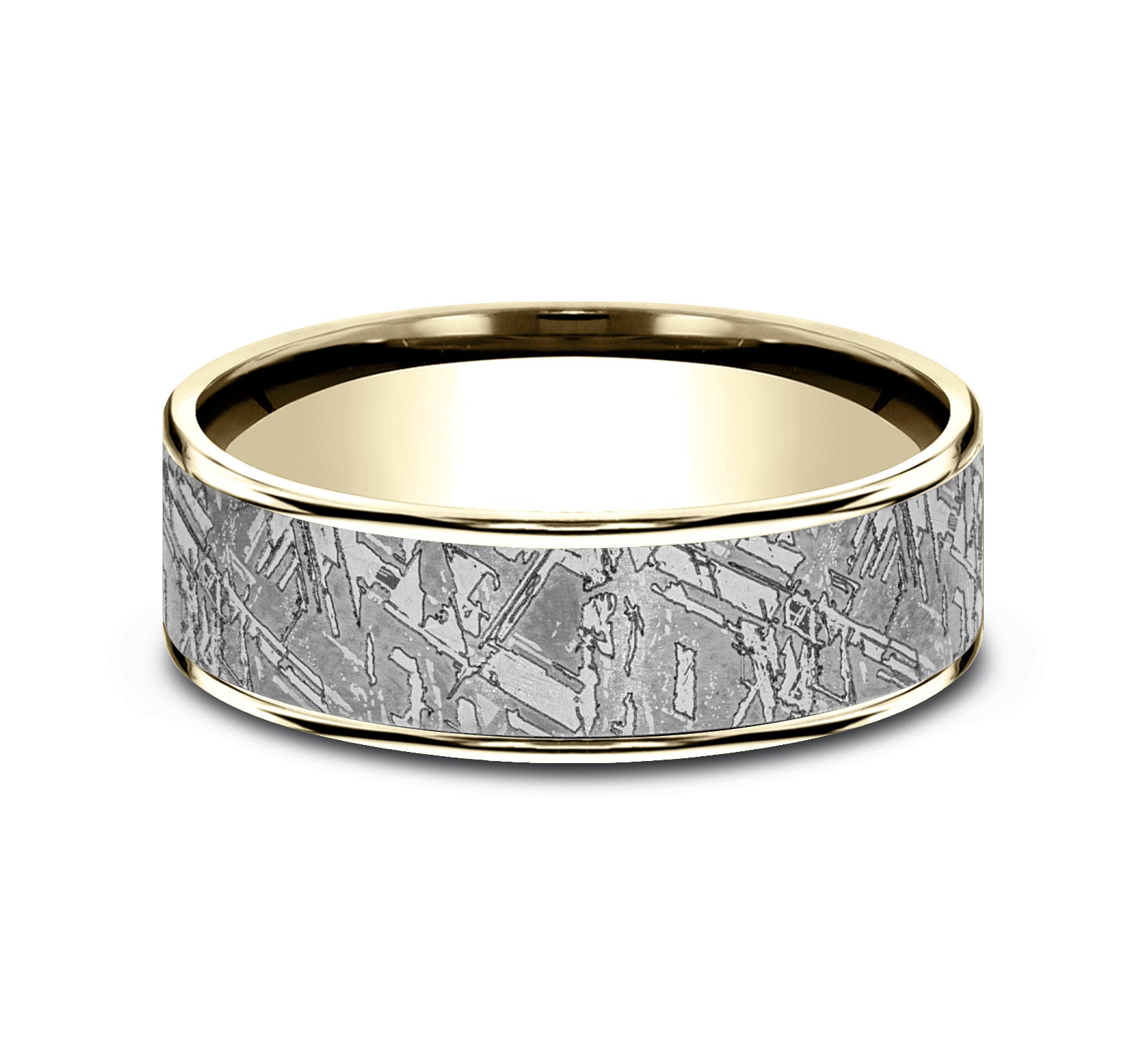 THE GIBEON 7.5mm, Comfort fit, 14K Yellow Gold and Grey Tantalum, Meteorite patterned center, thin polished edges