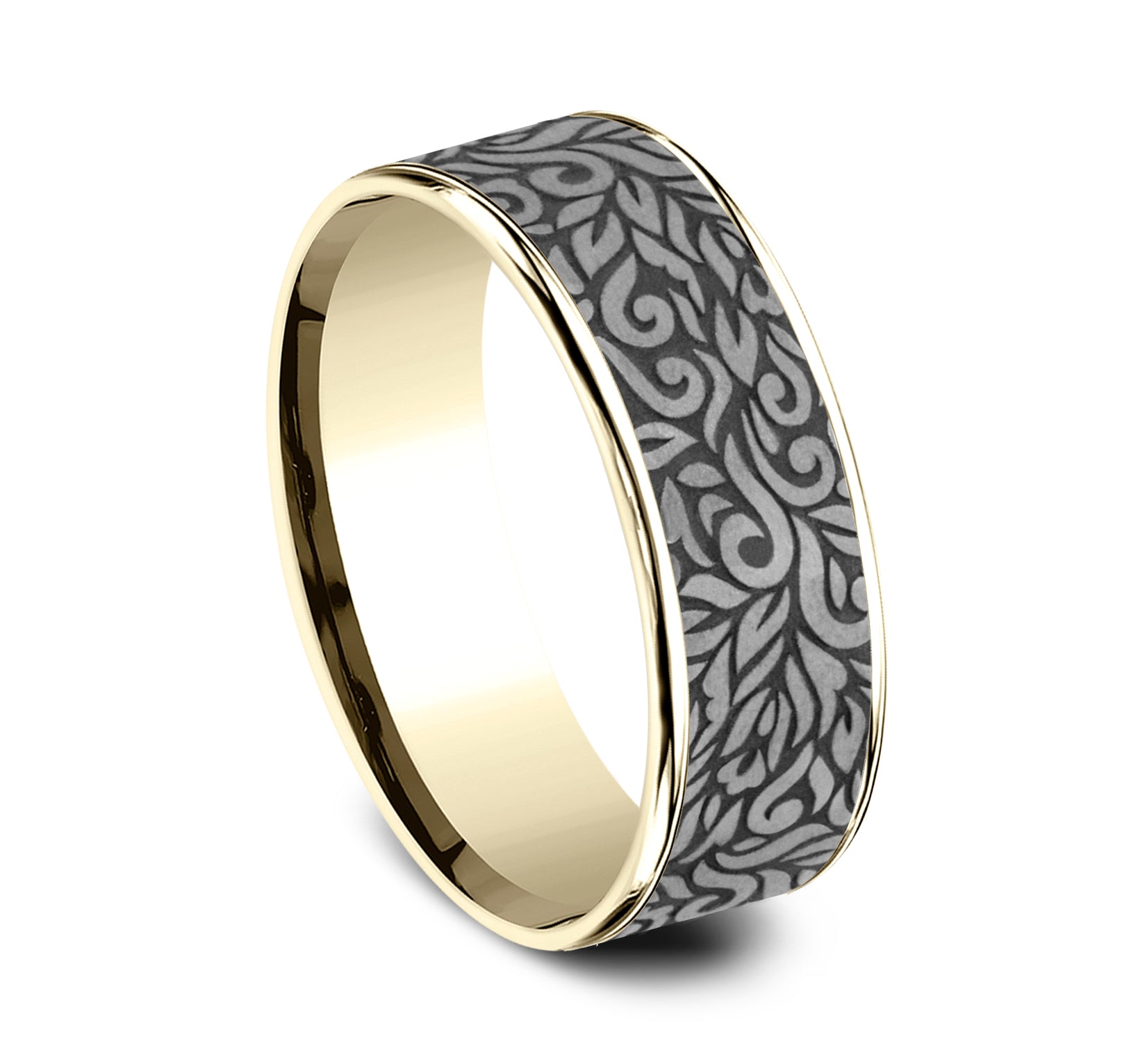 THE RANCH 7.5mm, Comfort fit, 14K Yellow Gold and Grey Tantalum, Paisley patterned center, thin edges
