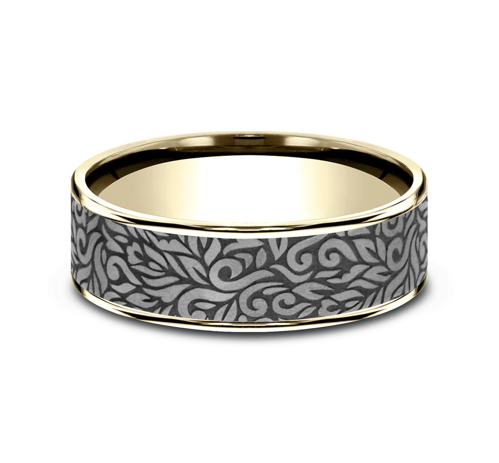 THE RANCH 7.5mm, Comfort fit, 14K Yellow Gold and Grey Tantalum, Paisley patterned center, thin edges