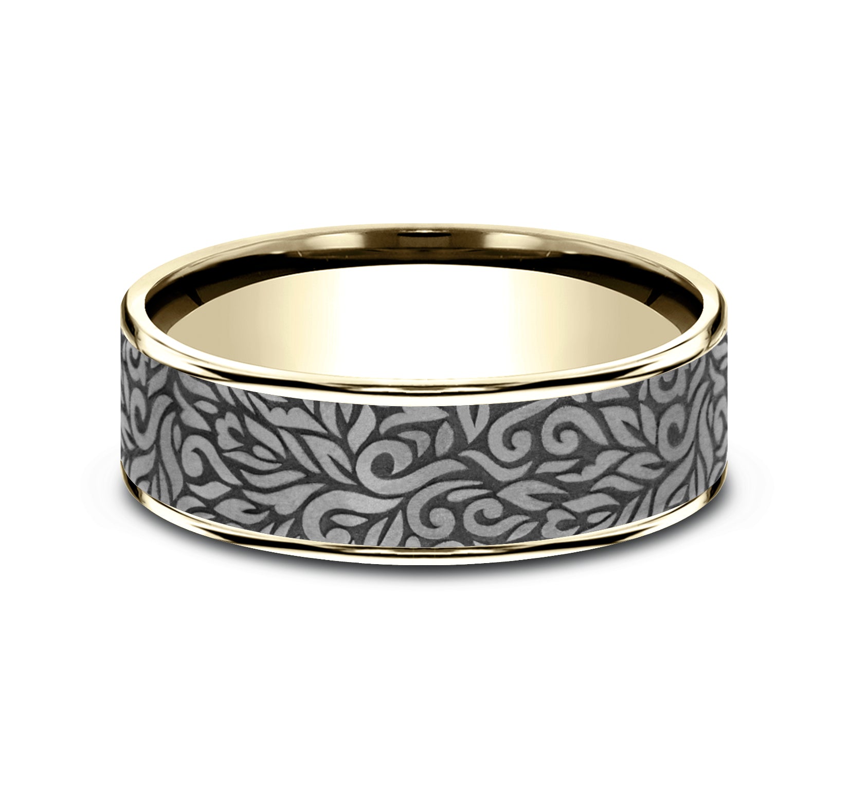 THE RANCH 7.5mm, Comfort fit, 14K Yellow Gold and Grey Tantalum, Paisley patterned center, thin edges