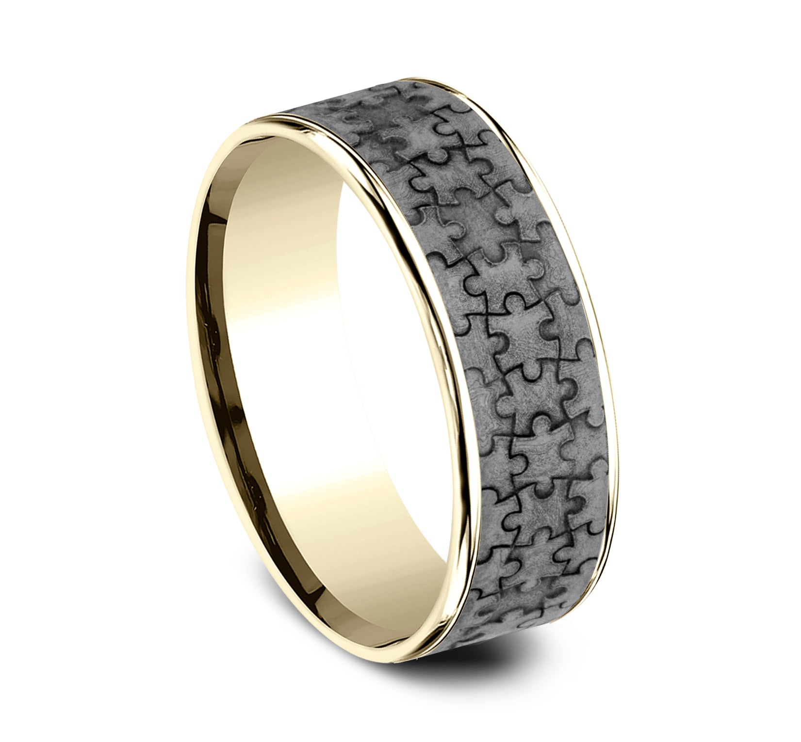 THE PUZZLE 7.5mm, Comfort fit, 14K Yellow Gold and Grey Tantalum, Puzzle patterned center, thin edges
