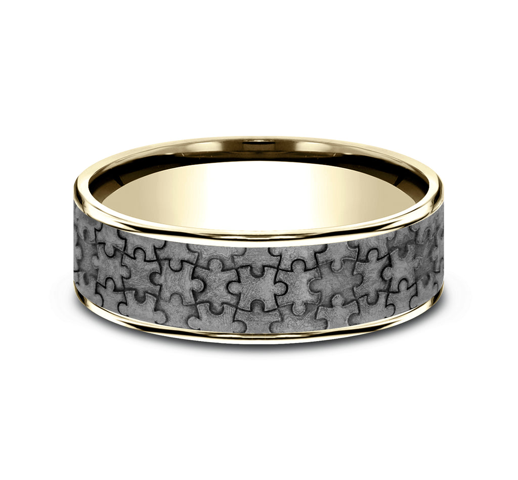 THE PUZZLE 7.5mm, Comfort fit, 14K Yellow Gold and Grey Tantalum, Puzzle patterned center, thin edges
