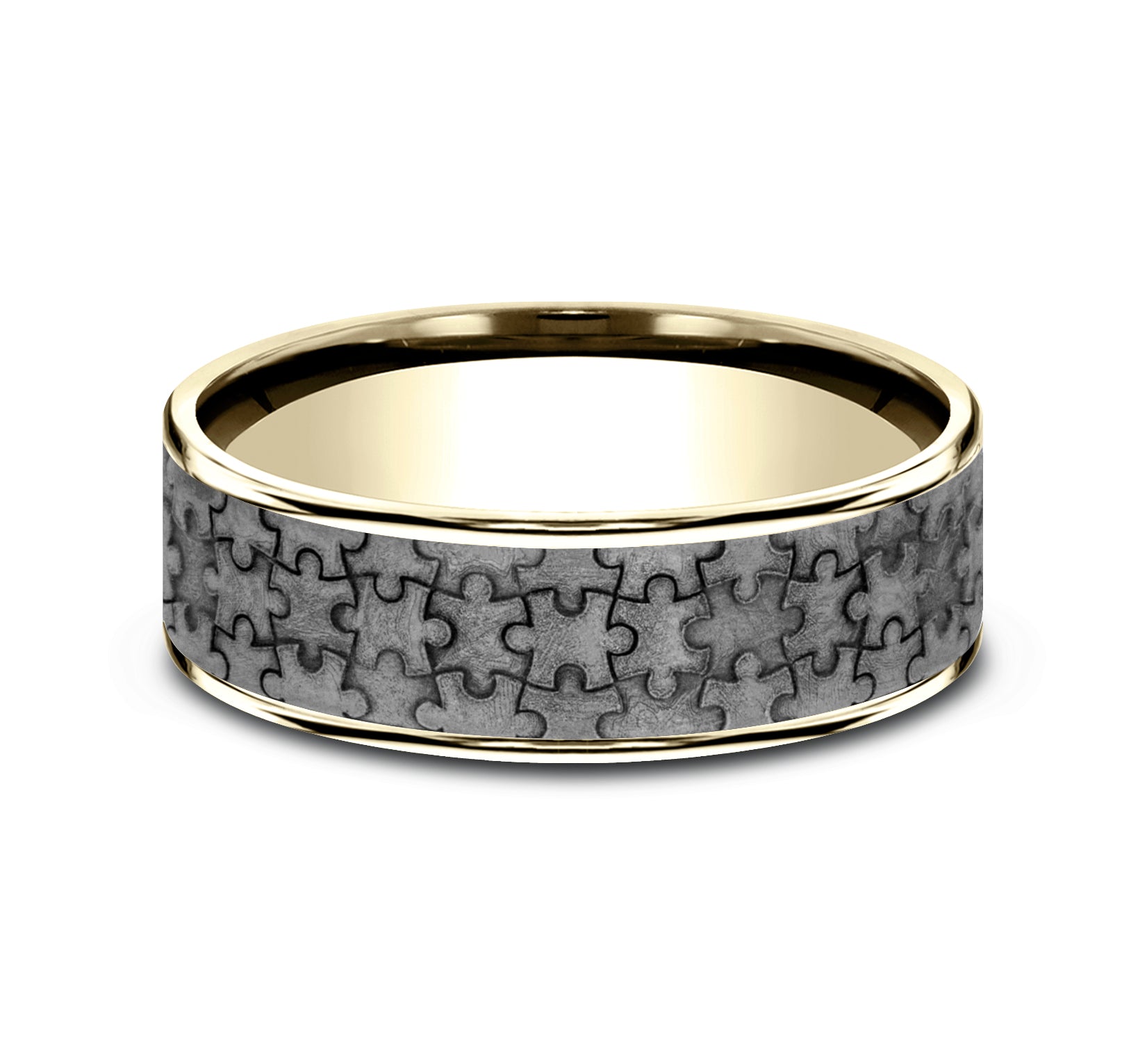 THE PUZZLE 7.5mm, Comfort fit, 14K Yellow Gold and Grey Tantalum, Puzzle patterned center, thin edges